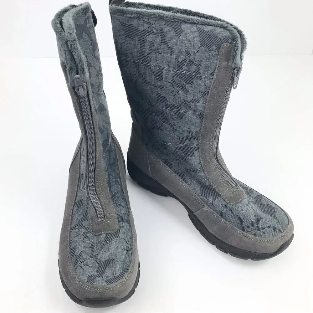 Land’s End Gray Suede Floral Canvas Front Zip Faux Fur Lined Thermolite Boot NEW